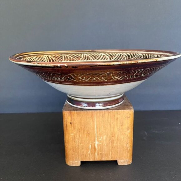 Louis Mideke Signed Handcrafted Sgraffito Ceramic Bowl 10.25" Modern Organic - Picture 3 of 7